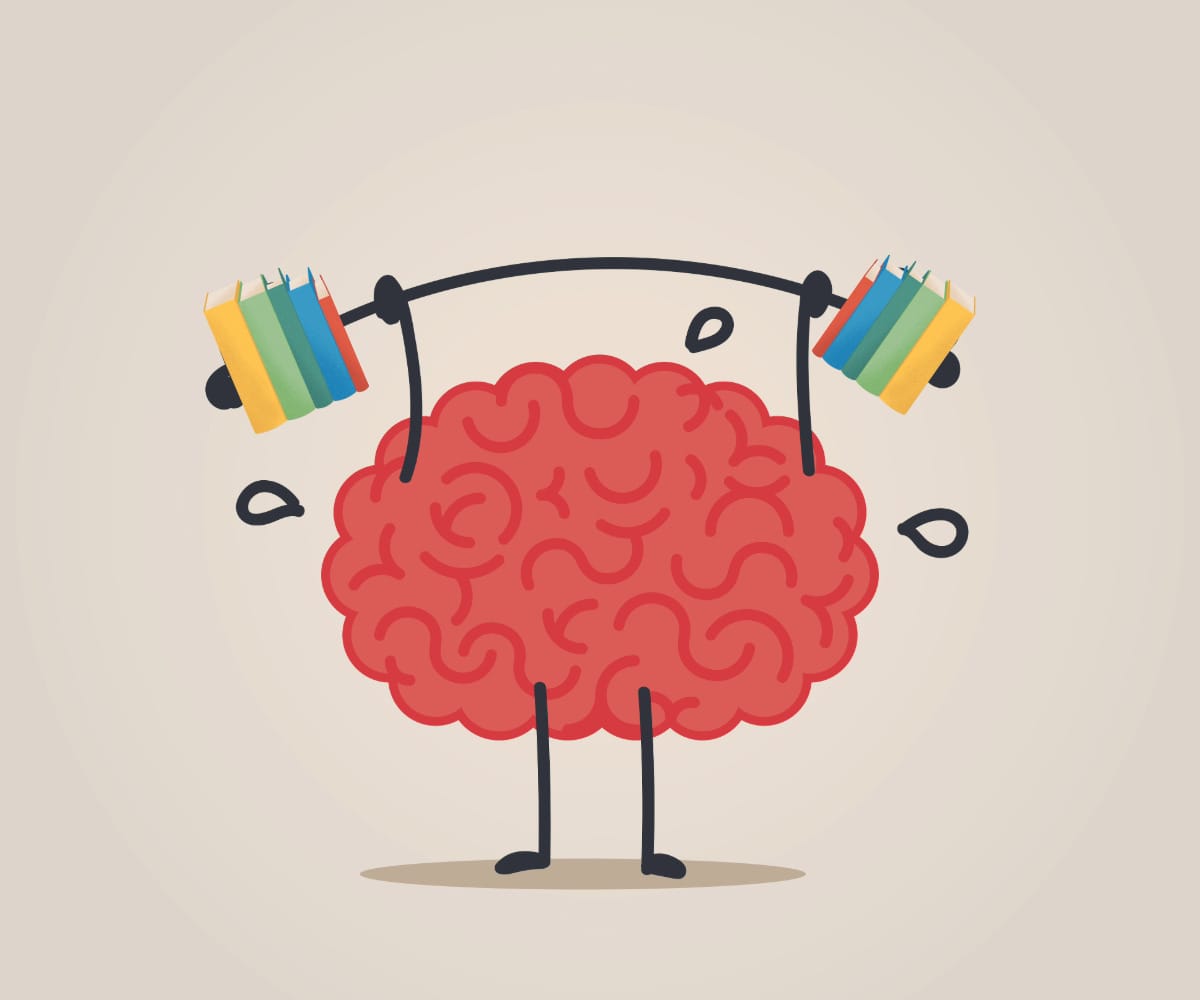 A cartoon brain strains to lift a barbell with stacks of colored books at either end instead of weights.